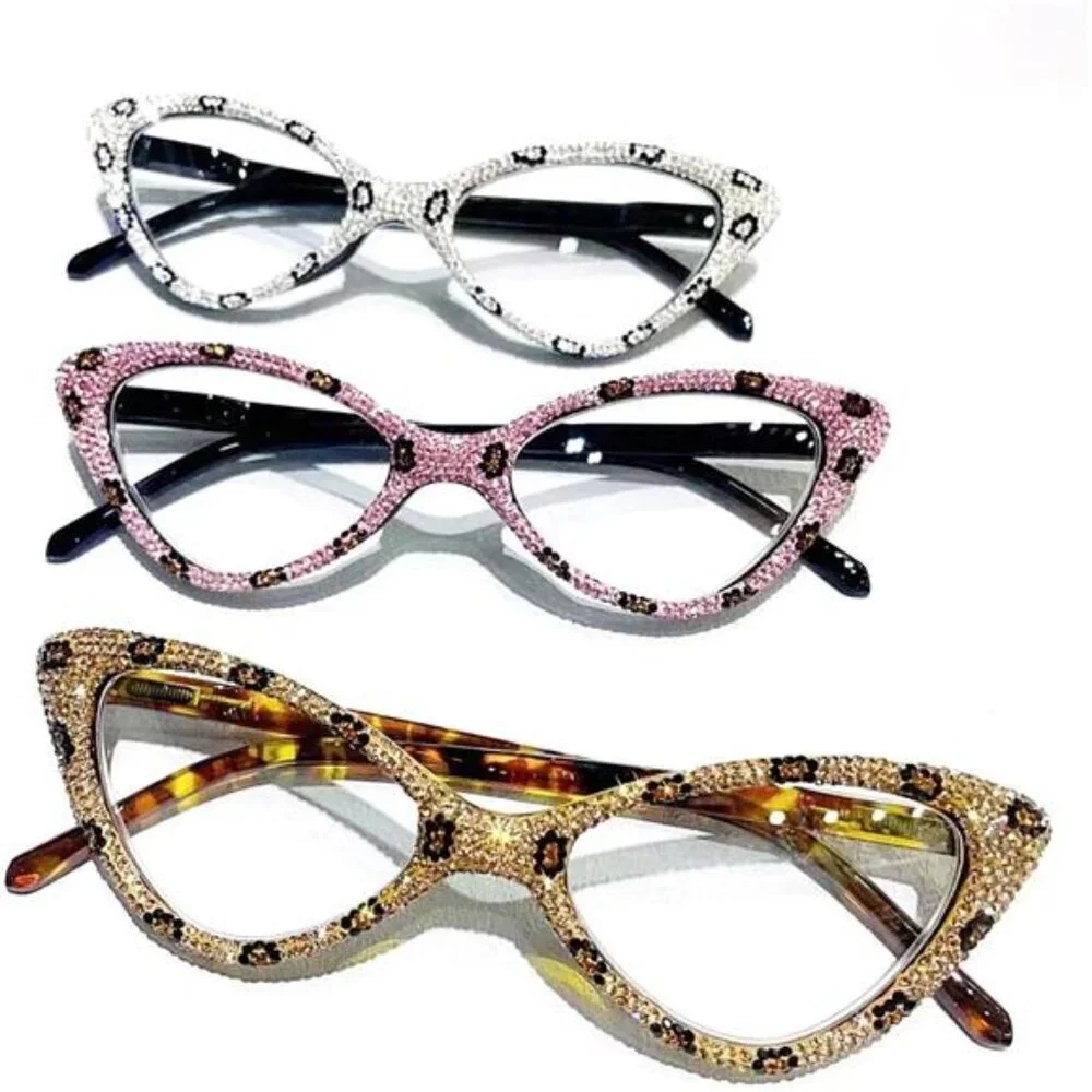 Leopard Rhinestone Cat-Eye Glasses – Retro  Frames with Leopard Accents X1.5 Mag